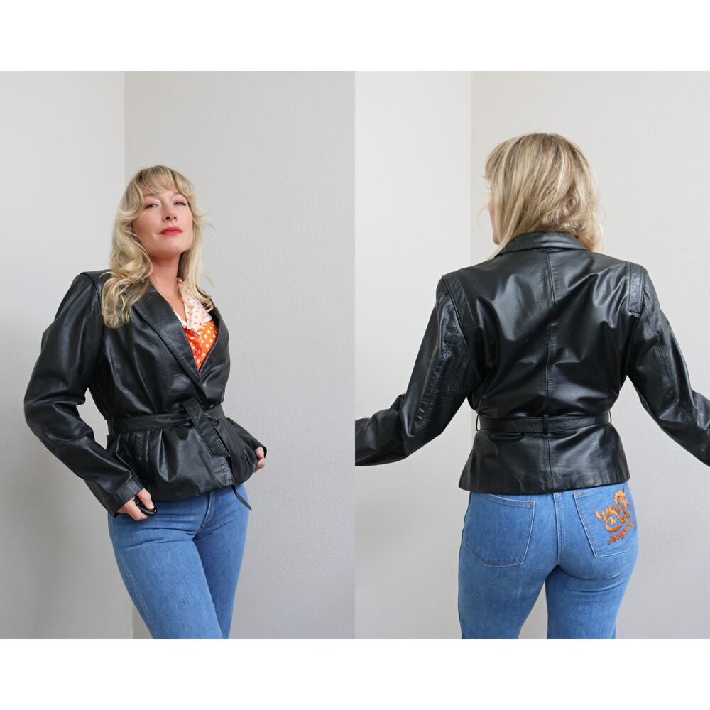 1980's Vintage Casablanca Belted Black Genuine Leather Jacket ~ Women's LG XL